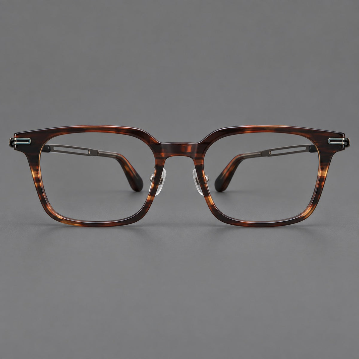 Modern acetate and titanium eyeglasses with angular square rims and curved metal hinges — Striped Brown / Antique Bronze — Front view [CINILY-JD2026-8010-C3-brown]