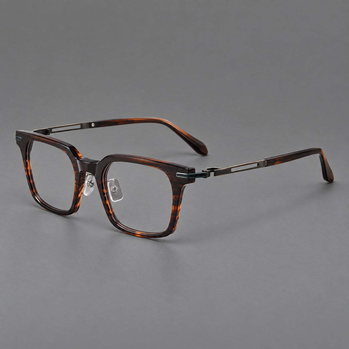 Modern acetate and titanium eyeglasses with angular square rims and curved metal hinges — Striped Brown / Antique Bronze — Main view [CINILY-JD2026-8010-C3-brown]