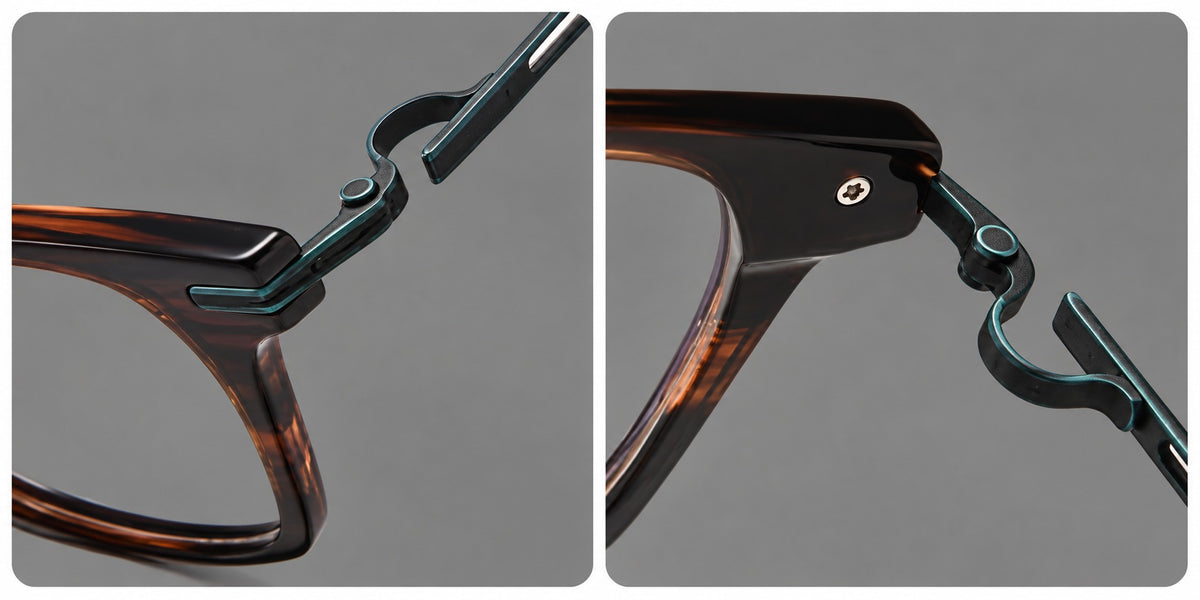 Modern acetate and titanium eyeglasses with angular square rims and curved metal hinges — 8010 — Frame details [JD2026-8010]