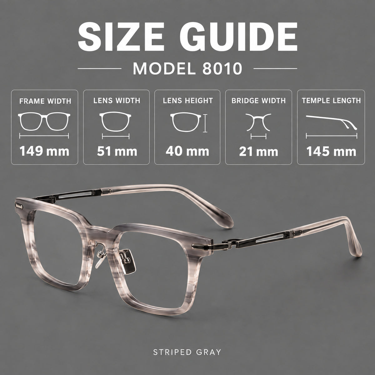 Modern acetate and titanium eyeglasses with angular square rims and curved metal hinges — 8010 — Size guide [JD2026-8010]
