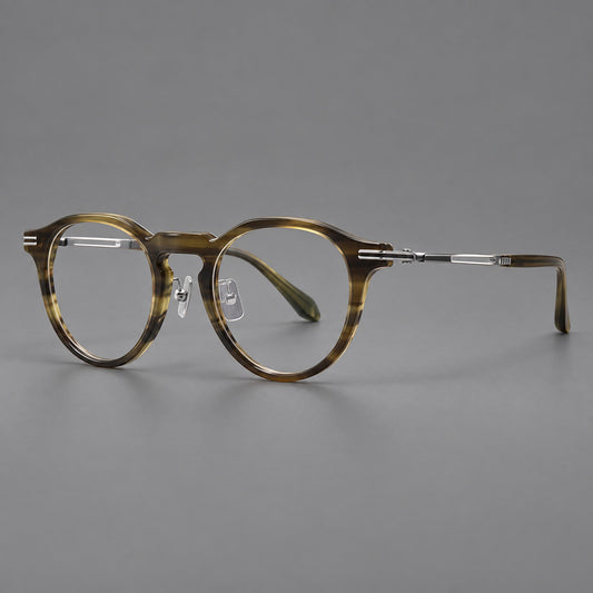 Retro acetate and titanium eyeglasses with round rims and distinctive looped metal joints — Striped Olive Green / Silver — Main view [CINILY-JD2026-8011-C1]