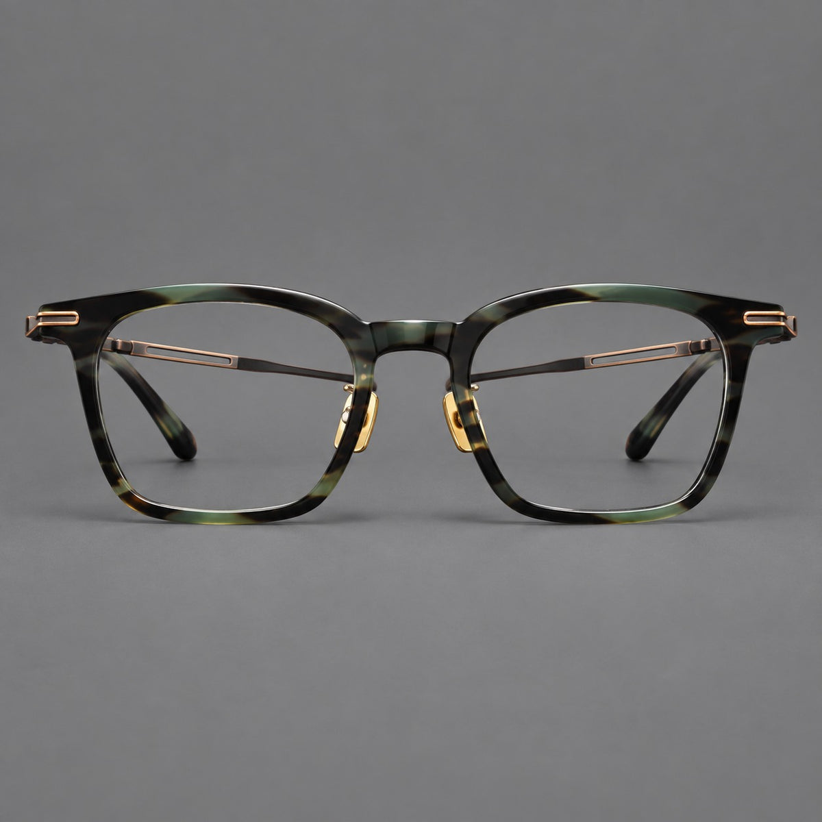 Acetate and titanium eyeglasses with rounded rectangular rims and sculpted open loop joints — Green Tortoiseshell / Antique Bronze — Front view [CINILY-JD2026-8012-C1]