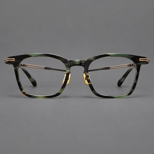 Acetate and titanium eyeglasses with rounded rectangular rims and sculpted open loop joints — Green Tortoiseshell / Antique Bronze — Front view [CINILY-JD2026-8012-C1]