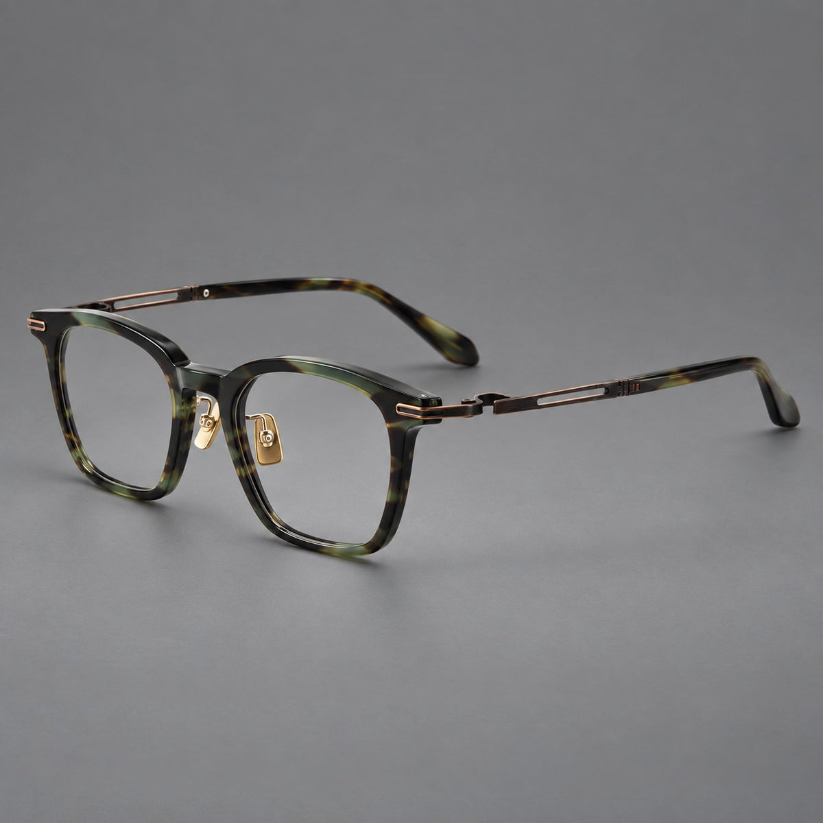 Acetate and titanium eyeglasses with rounded rectangular rims and sculpted open loop joints — Green Tortoiseshell / Antique Bronze — Main view [CINILY-JD2026-8012-C1]