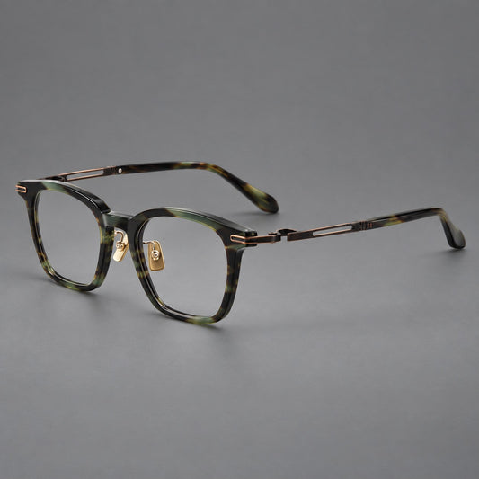 Acetate and titanium eyeglasses with rounded rectangular rims and sculpted open loop joints — Green Tortoiseshell / Antique Bronze — Main view [CINILY-JD2026-8012-C1]