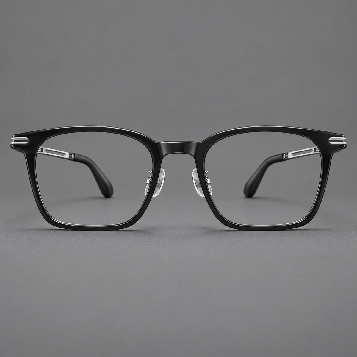 Acetate and titanium eyeglasses with rounded rectangular rims and sculpted open loop joints — Black / Silver — Front view [CINILY-JD2026-8012-C2]