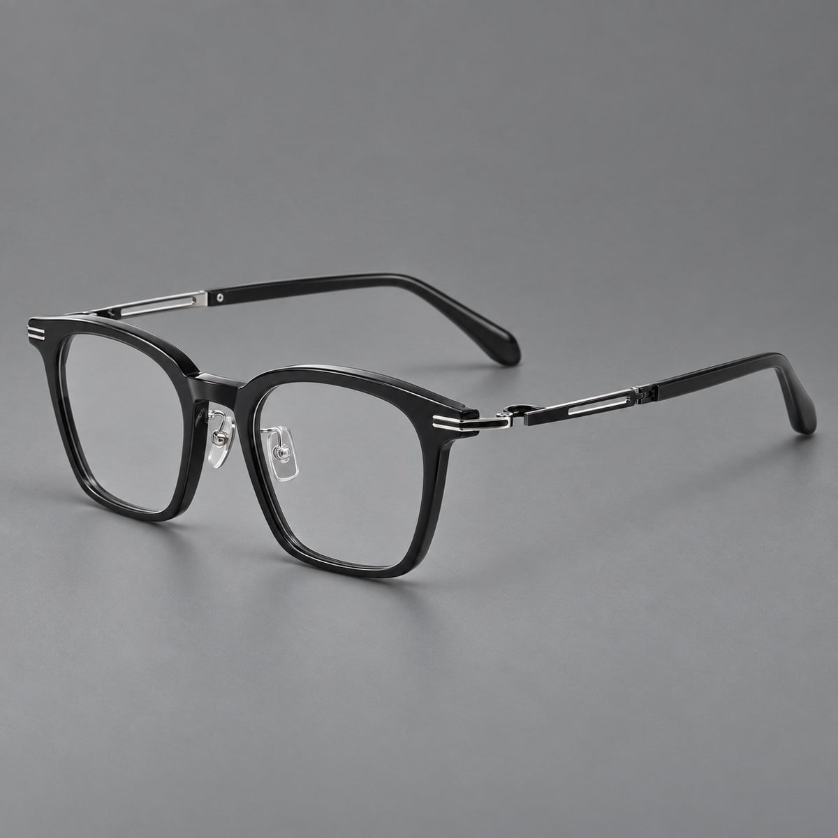 Acetate and titanium eyeglasses with rounded rectangular rims and sculpted open loop joints — Black / Silver — Main view [CINILY-JD2026-8012-C2]