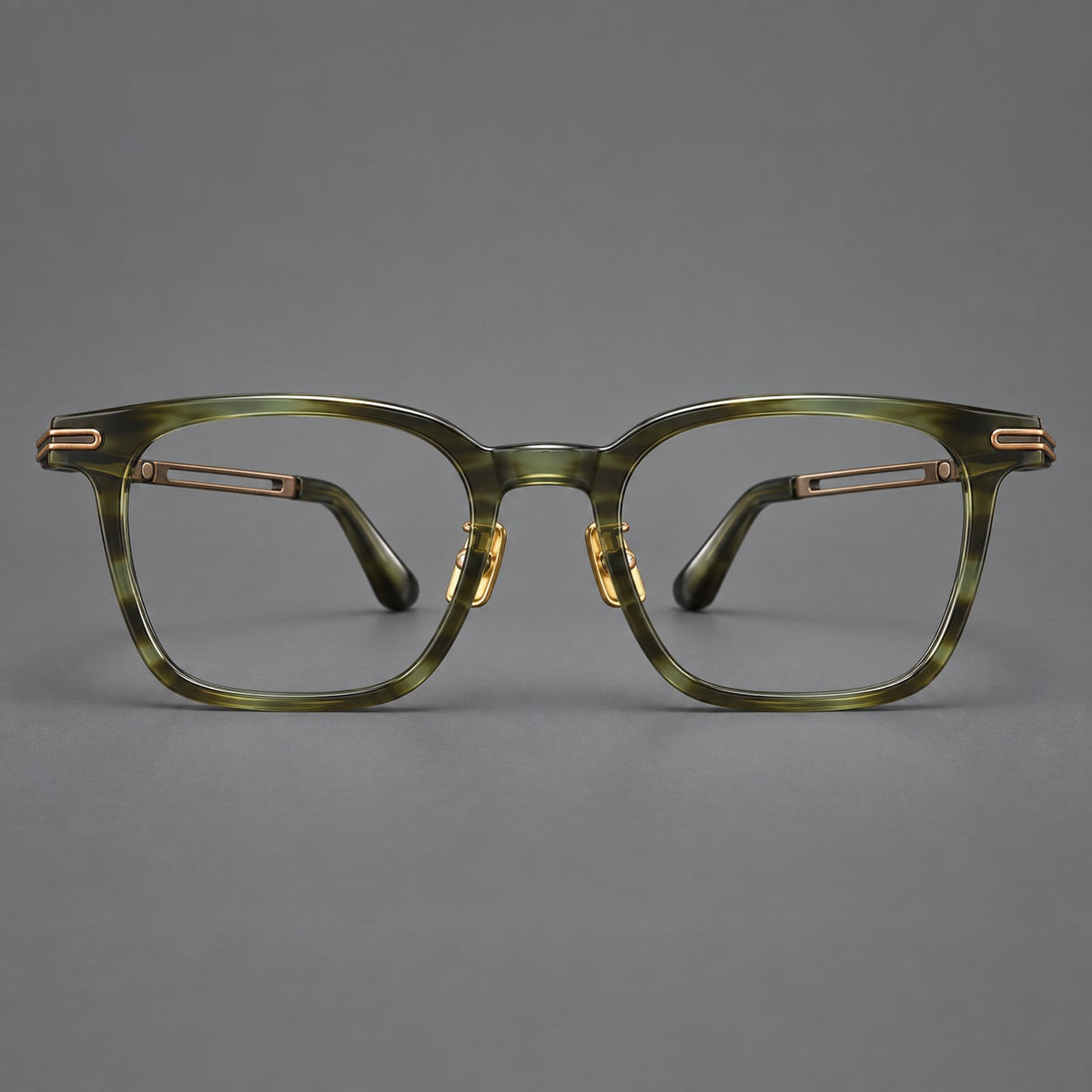 Acetate and titanium eyeglasses with rounded rectangular rims and sculpted open loop joints — Clear Olive Green / Antique Bronze — Front view [CINILY-JD2026-8012-C4]