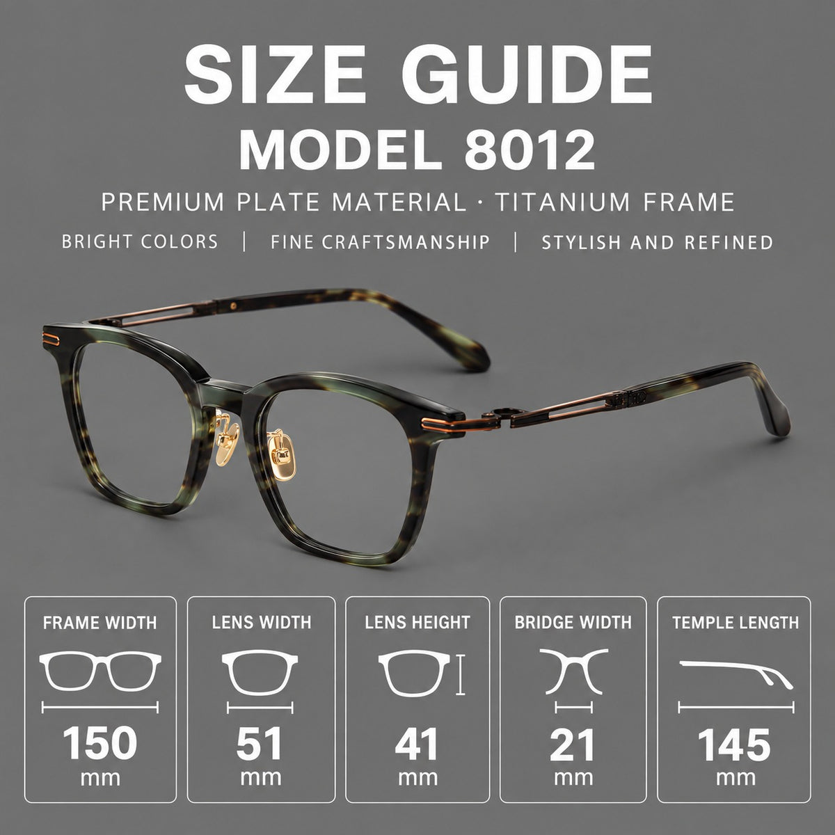 Acetate and titanium eyeglasses with rounded rectangular rims and sculpted open loop joints — 8012 — Size guide [JD2026-8012]