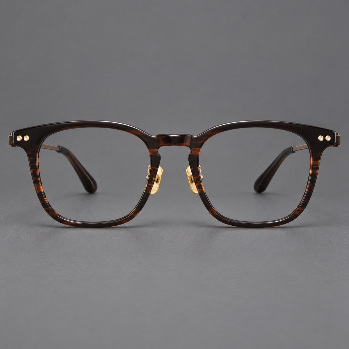 Retro acetate and titanium eyeglasses with gently squared rims and circular metal hinges — Striped Dark Brown / Antique Bronze — Front view [CINILY-JD2026-8013-C1]