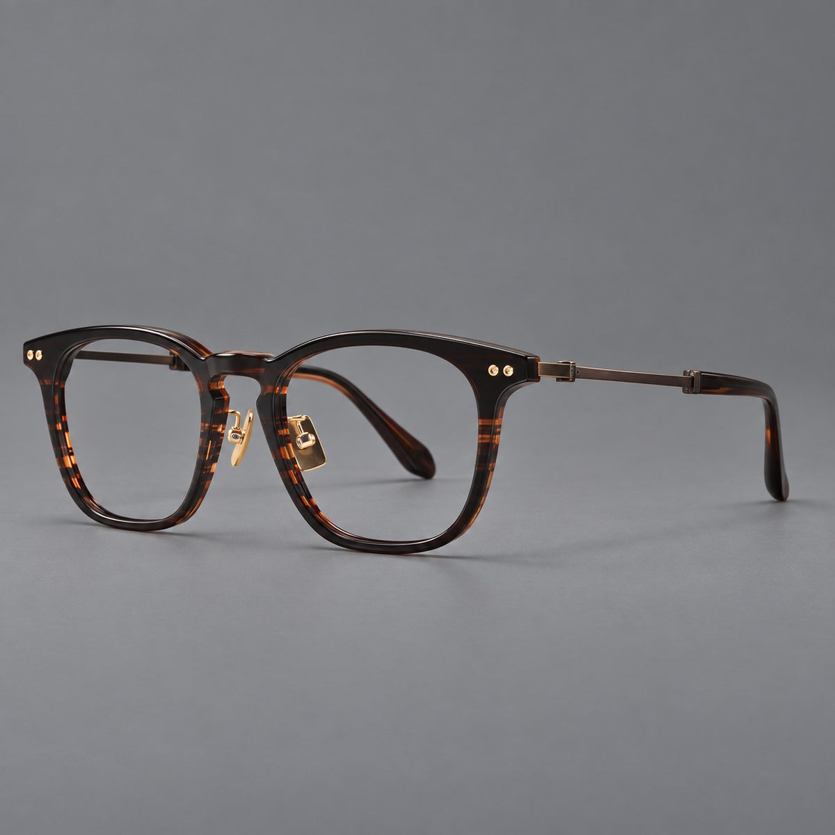 Retro acetate and titanium eyeglasses with gently squared rims and circular metal hinges — Striped Dark Brown / Antique Bronze — Main view [CINILY-JD2026-8013-C1]