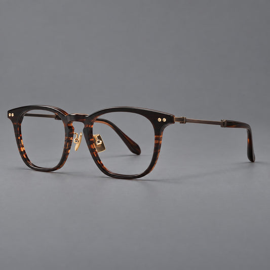 Retro acetate and titanium eyeglasses with gently squared rims and circular metal hinges — Striped Dark Brown / Antique Bronze — Main view [CINILY-JD2026-8013-C1]