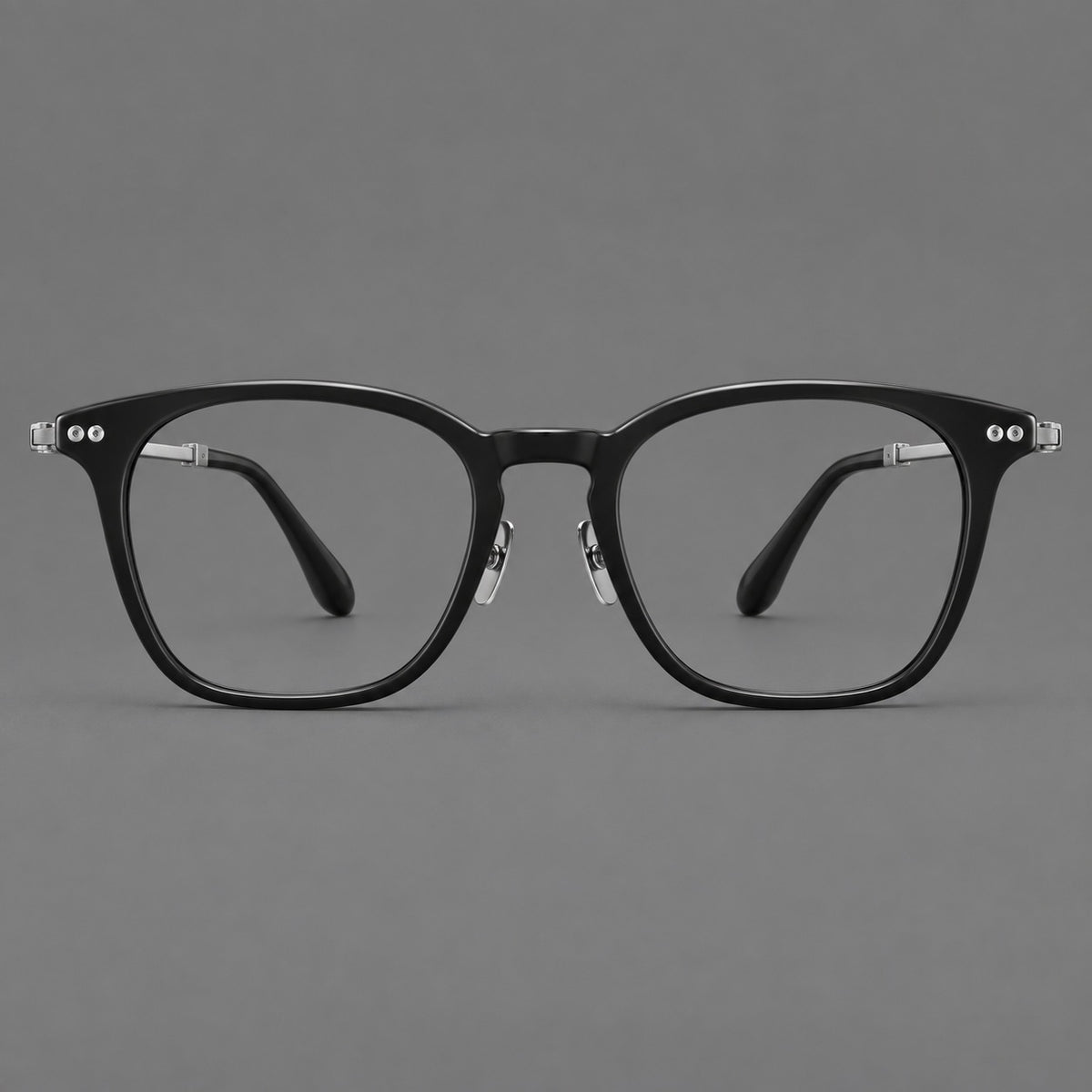 Retro acetate and titanium eyeglasses with gently squared rims and circular metal hinges — Black / Silver — Front view [CINILY-JD2026-8013-C2]