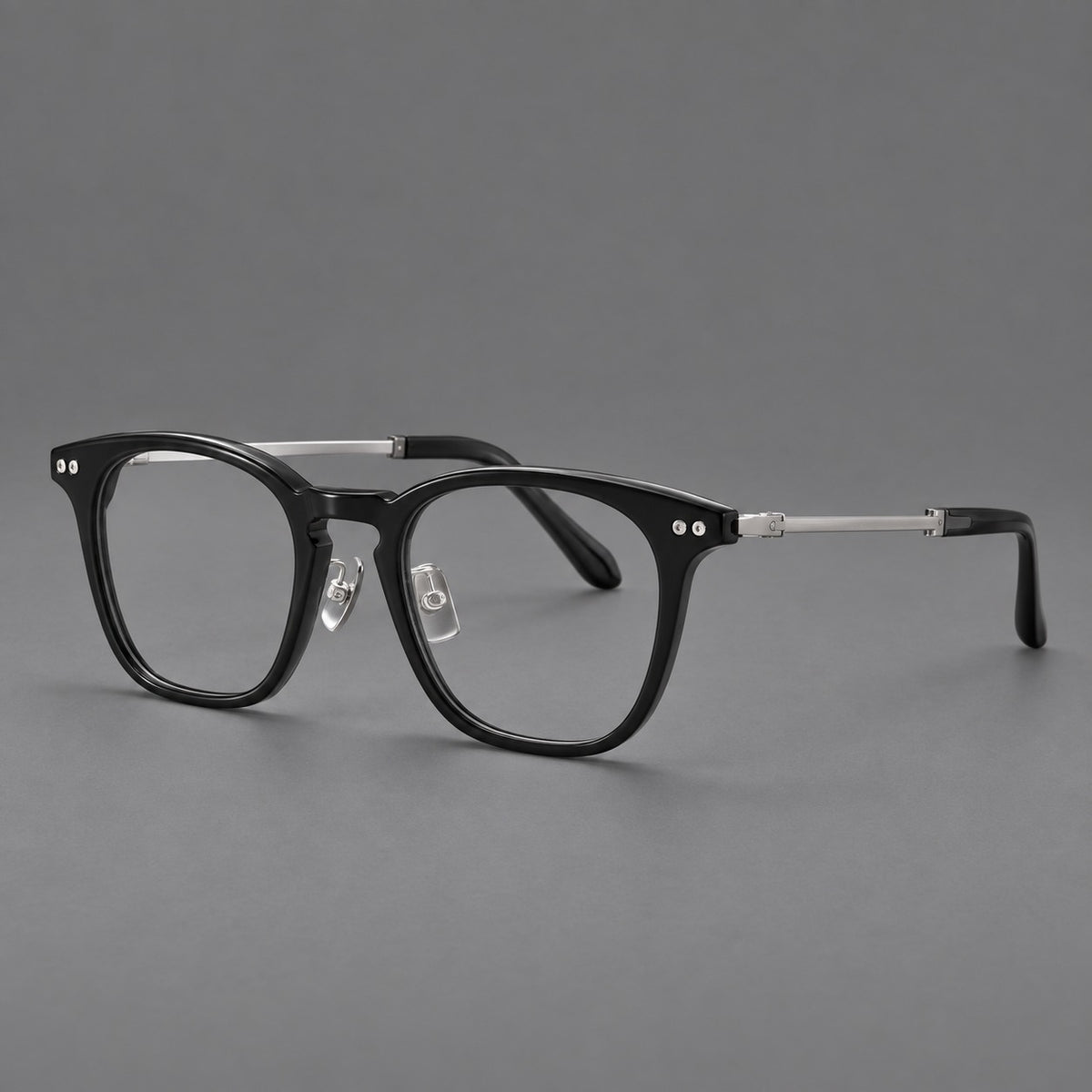 Retro acetate and titanium eyeglasses with gently squared rims and circular metal hinges — Black / Silver — Main view [CINILY-JD2026-8013-C2]