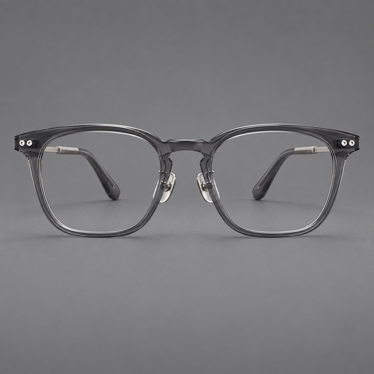 Retro acetate and titanium eyeglasses with gently squared rims and circular metal hinges — Clear Grey / Brushed Grey — Front view [CINILY-JD2026-8013-C3]