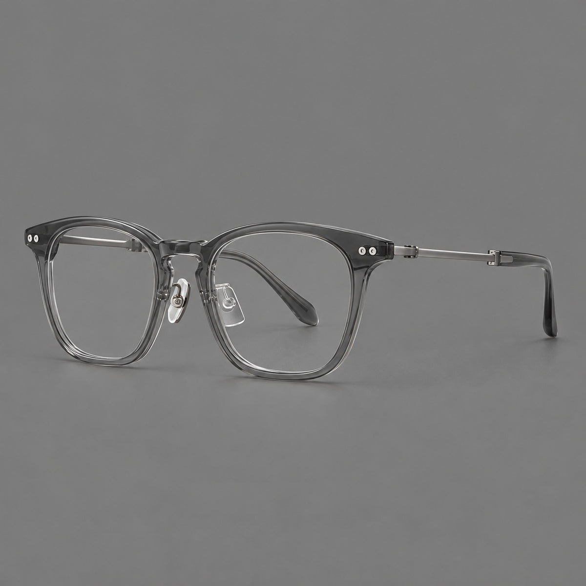Retro acetate and titanium eyeglasses with gently squared rims and circular metal hinges — Clear Grey / Brushed Grey — Main view [CINILY-JD2026-8013-C3]