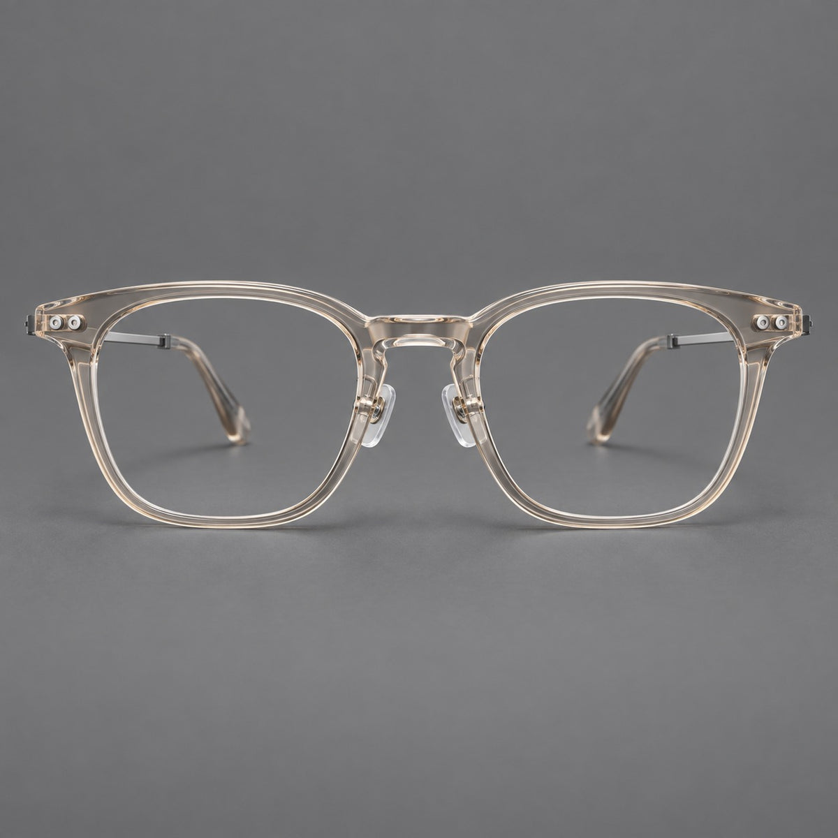 Retro acetate and titanium eyeglasses with gently squared rims and circular metal hinges — Clear Cool Tea / Silver — Front view [CINILY-JD2026-8013-C4]