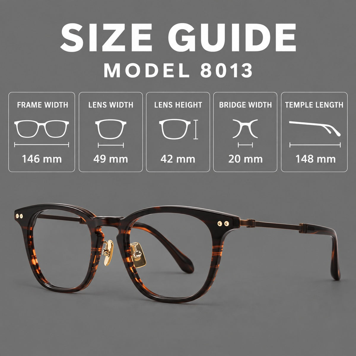 Retro acetate and titanium eyeglasses with gently squared rims and circular metal hinges — 8013 — Size guide [JD2026-8013]
