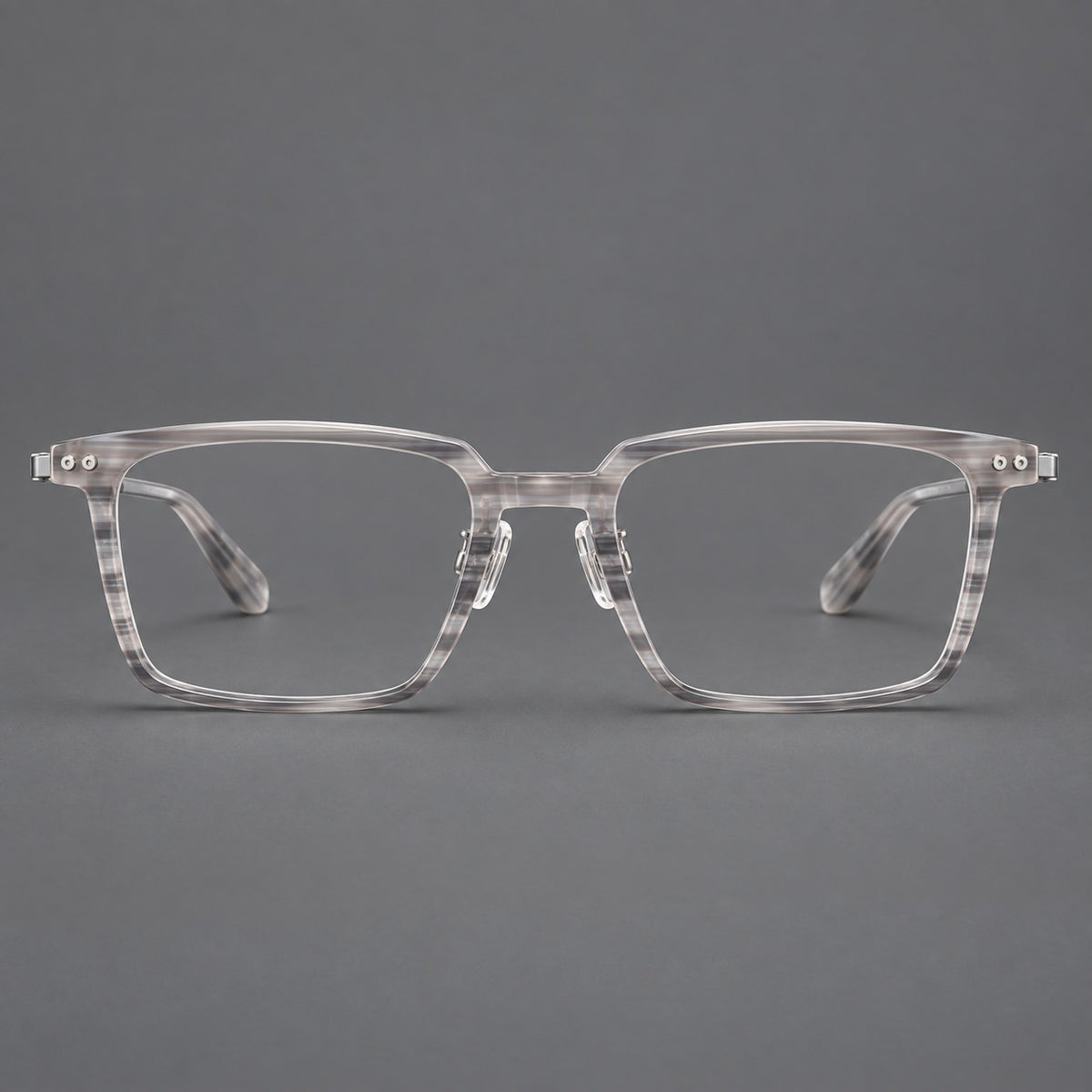 Classic acetate and titanium eyeglasses with a straight brow and rounded rectangular rims — Striped Grey / Silver — Front view [CINILY-JD2026-8014-C1]