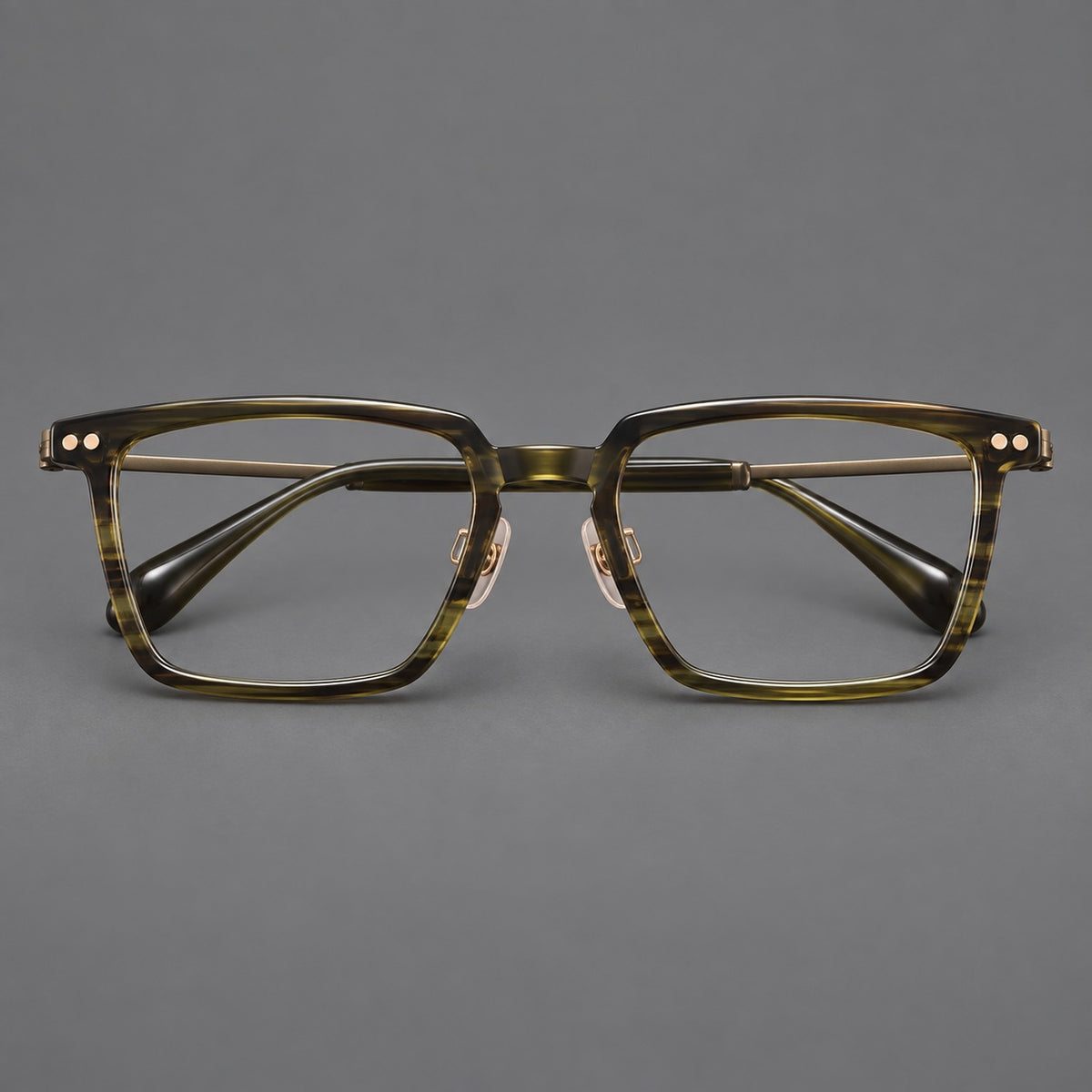 Classic acetate and titanium eyeglasses with a straight brow and rounded rectangular rims — Striped Olive Green / Bronze — Front view [CINILY-JD2026-8014-C2]