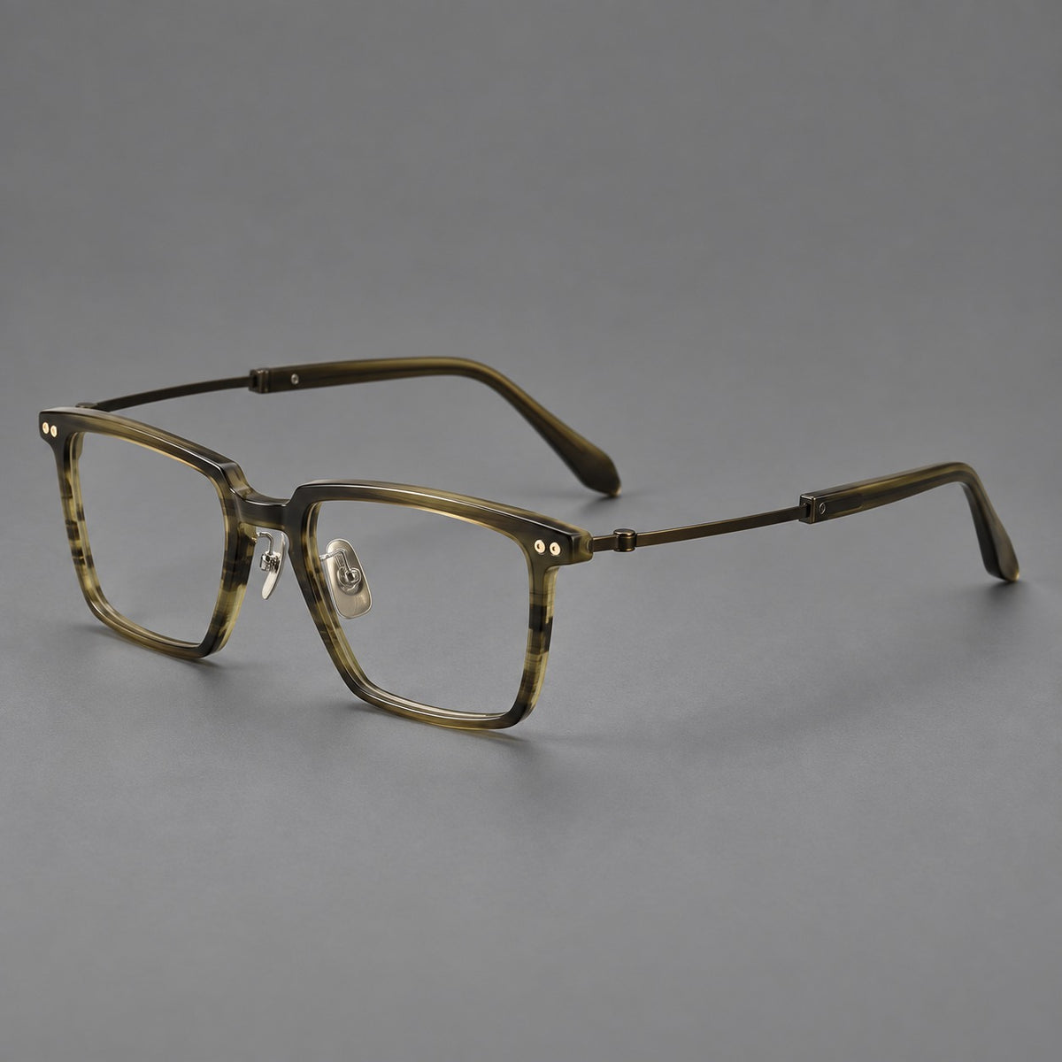 Classic acetate and titanium eyeglasses with a straight brow and rounded rectangular rims — Striped Olive Green / Bronze — Main view [CINILY-JD2026-8014-C2]