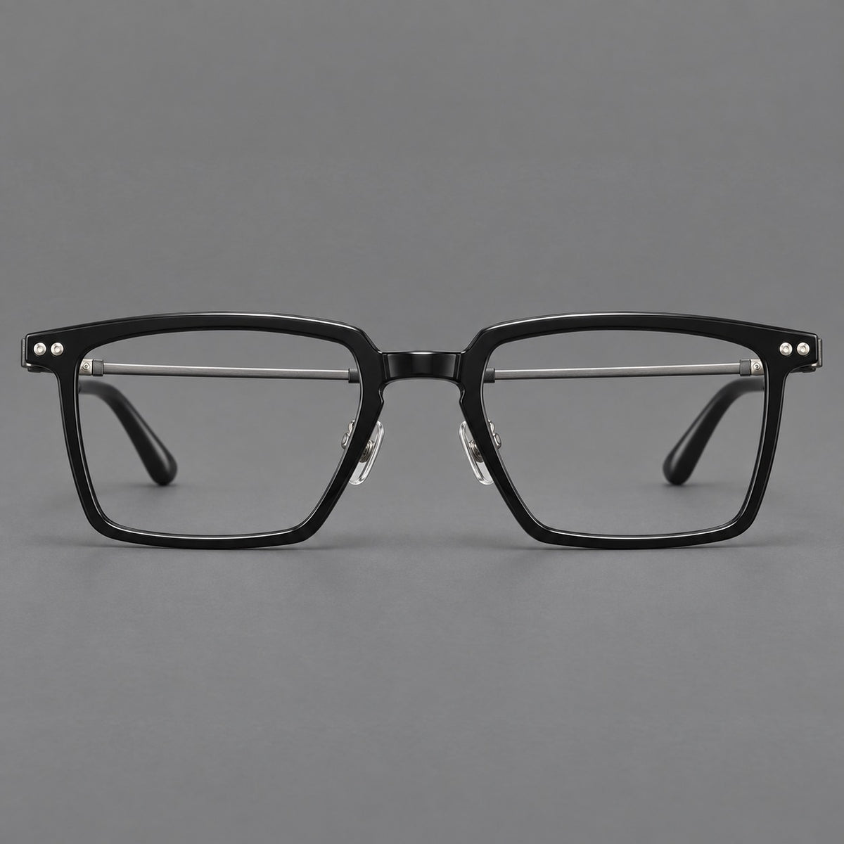 Classic acetate and titanium eyeglasses with a straight brow and rounded rectangular rims — Black / Brushed Grey — Front view [CINILY-JD2026-8014-C3]