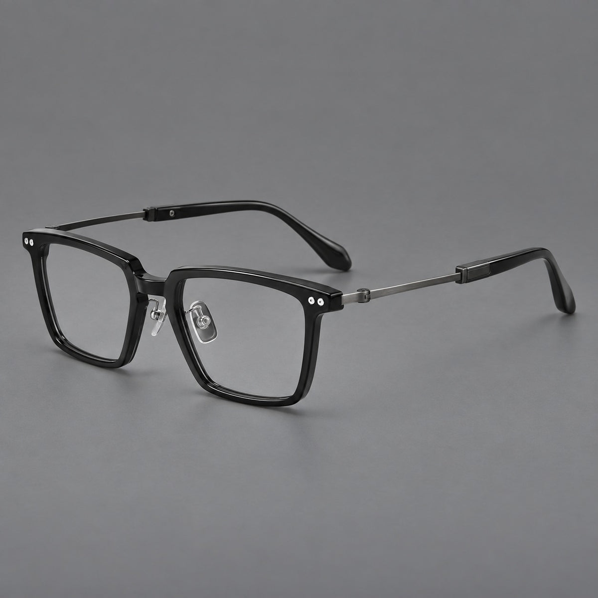 Classic acetate and titanium eyeglasses with a straight brow and rounded rectangular rims — Black / Brushed Grey — Main view [CINILY-JD2026-8014-C3]