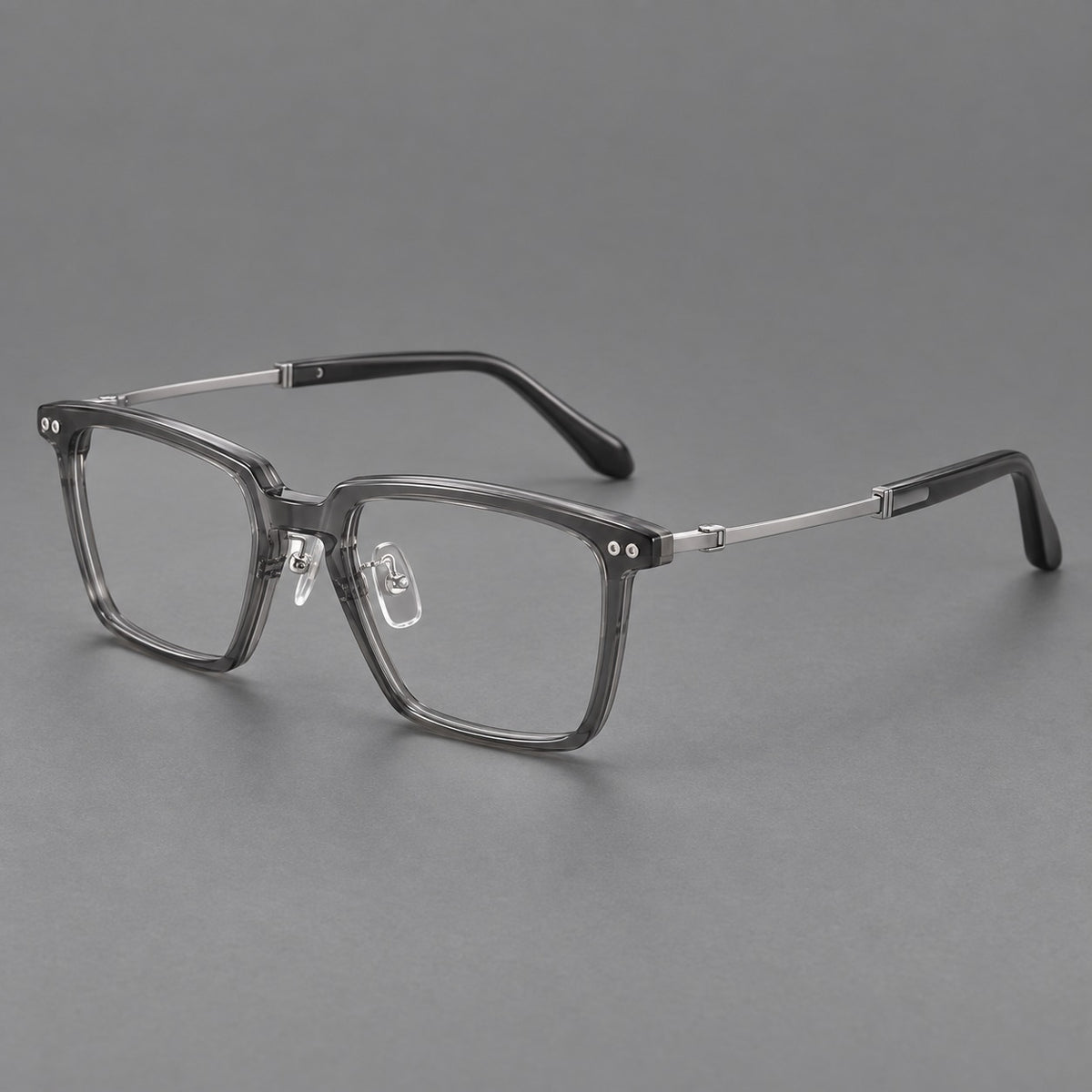 Classic acetate and titanium eyeglasses with a straight brow and rounded rectangular rims — Clear Grey / Silver — Main view [CINILY-JD2026-8014-C4]