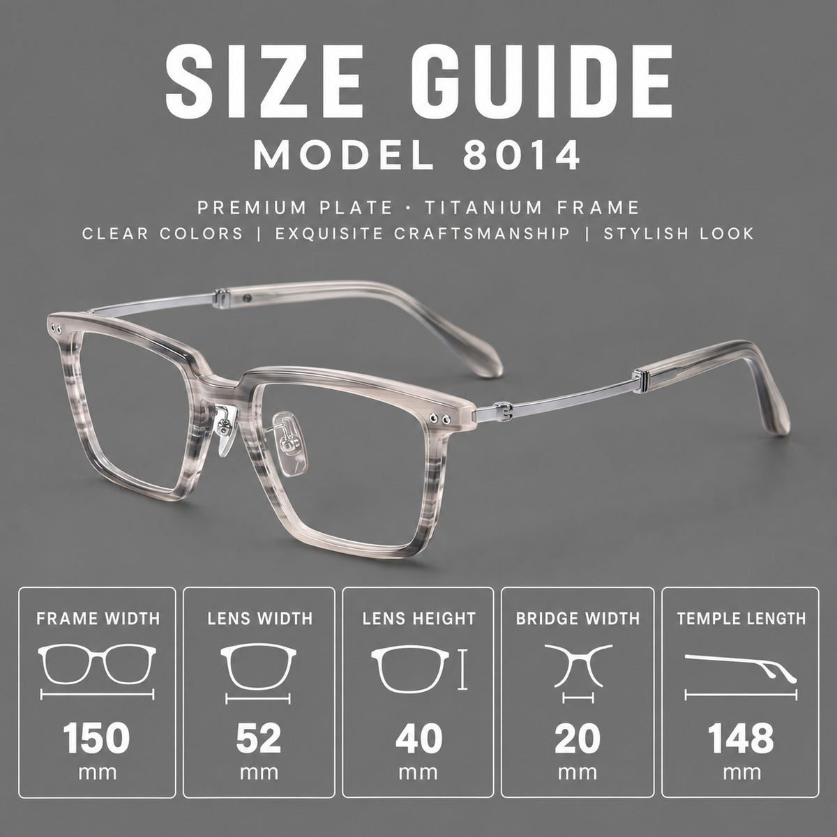 Classic acetate and titanium eyeglasses with a straight brow and rounded rectangular rims — 8014 — Size guide [JD2026-8014]