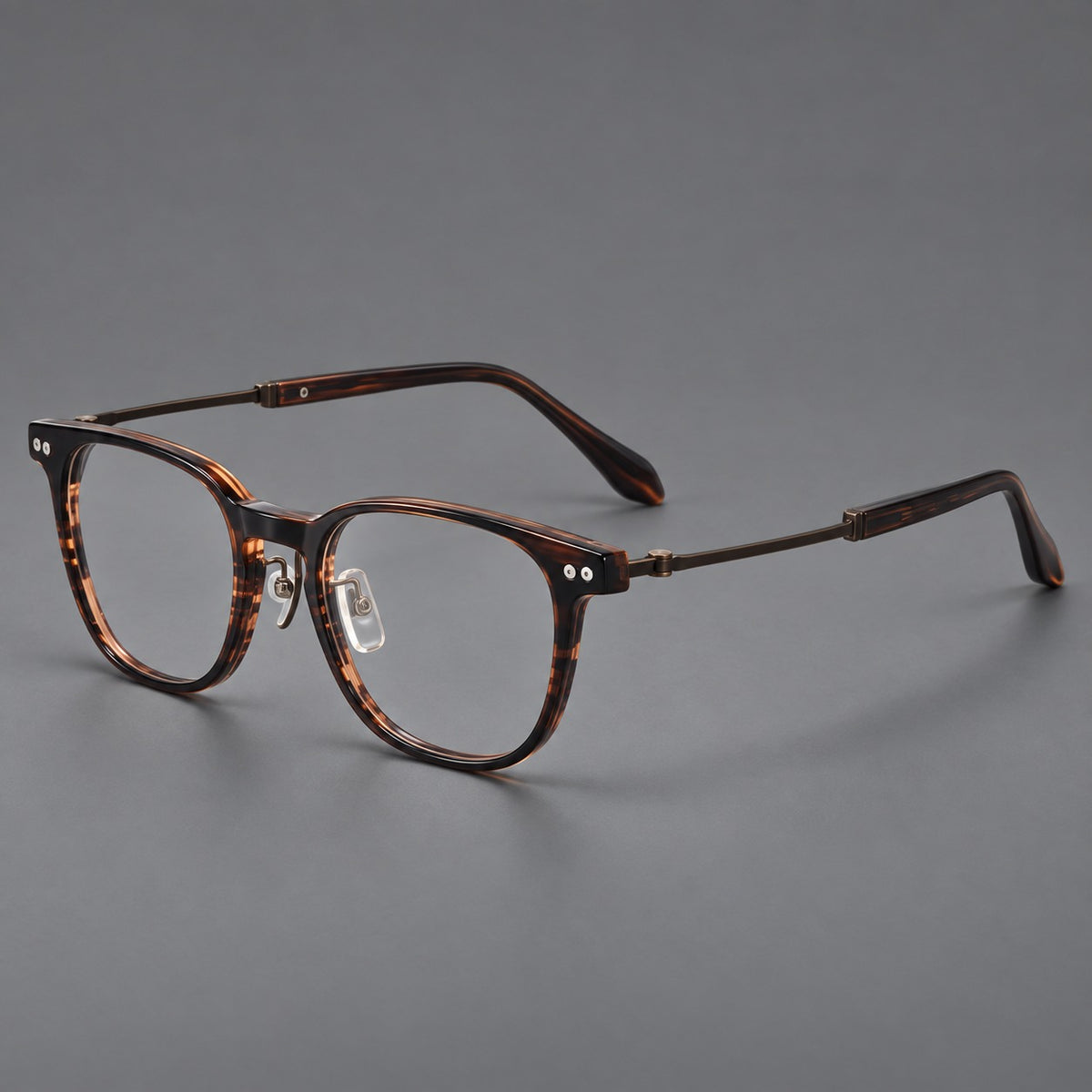 Vintage acetate and titanium eyeglasses with soft square rims and paired metal rivets — Striped Brown / Antique Bronze — Main view [CINILY-JD2026-8015-C1]