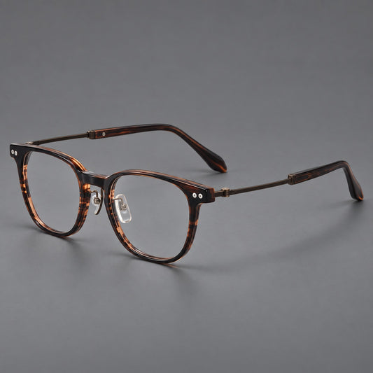 Vintage acetate and titanium eyeglasses with soft square rims and paired metal rivets — Striped Brown / Antique Bronze — Main view [CINILY-JD2026-8015-C1]