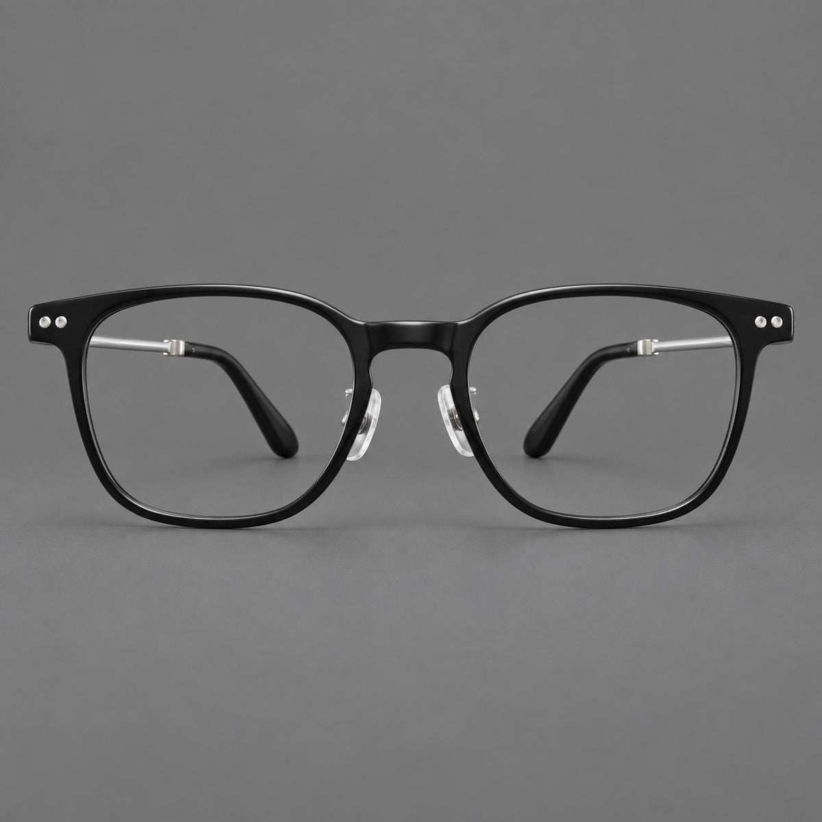 Vintage acetate and titanium eyeglasses with soft square rims and paired metal rivets — Black / Silver — Front view [CINILY-JD2026-8015-C2]