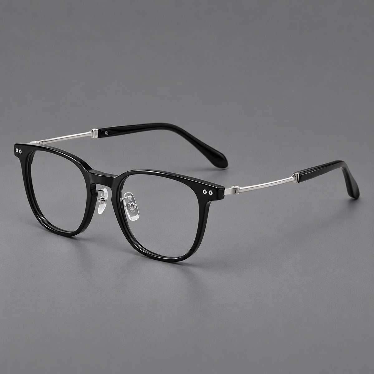 Vintage acetate and titanium eyeglasses with soft square rims and paired metal rivets — Black / Silver — Main view [CINILY-JD2026-8015-C2]