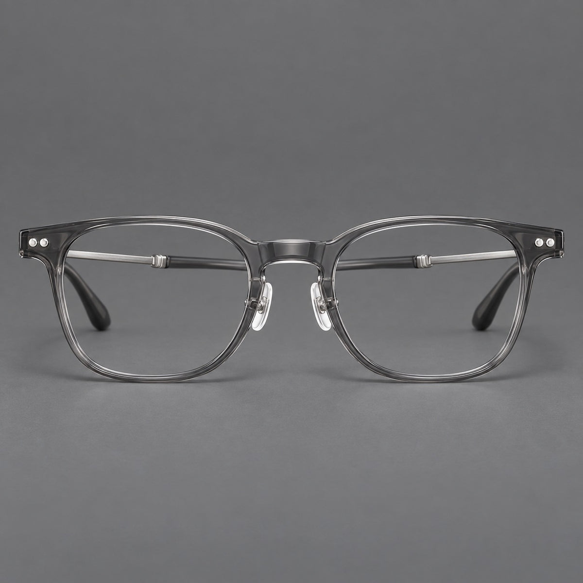 Vintage acetate and titanium eyeglasses with soft square rims and paired metal rivets — Clear Grey / Brushed Grey — Front view [CINILY-JD2026-8015-C3]