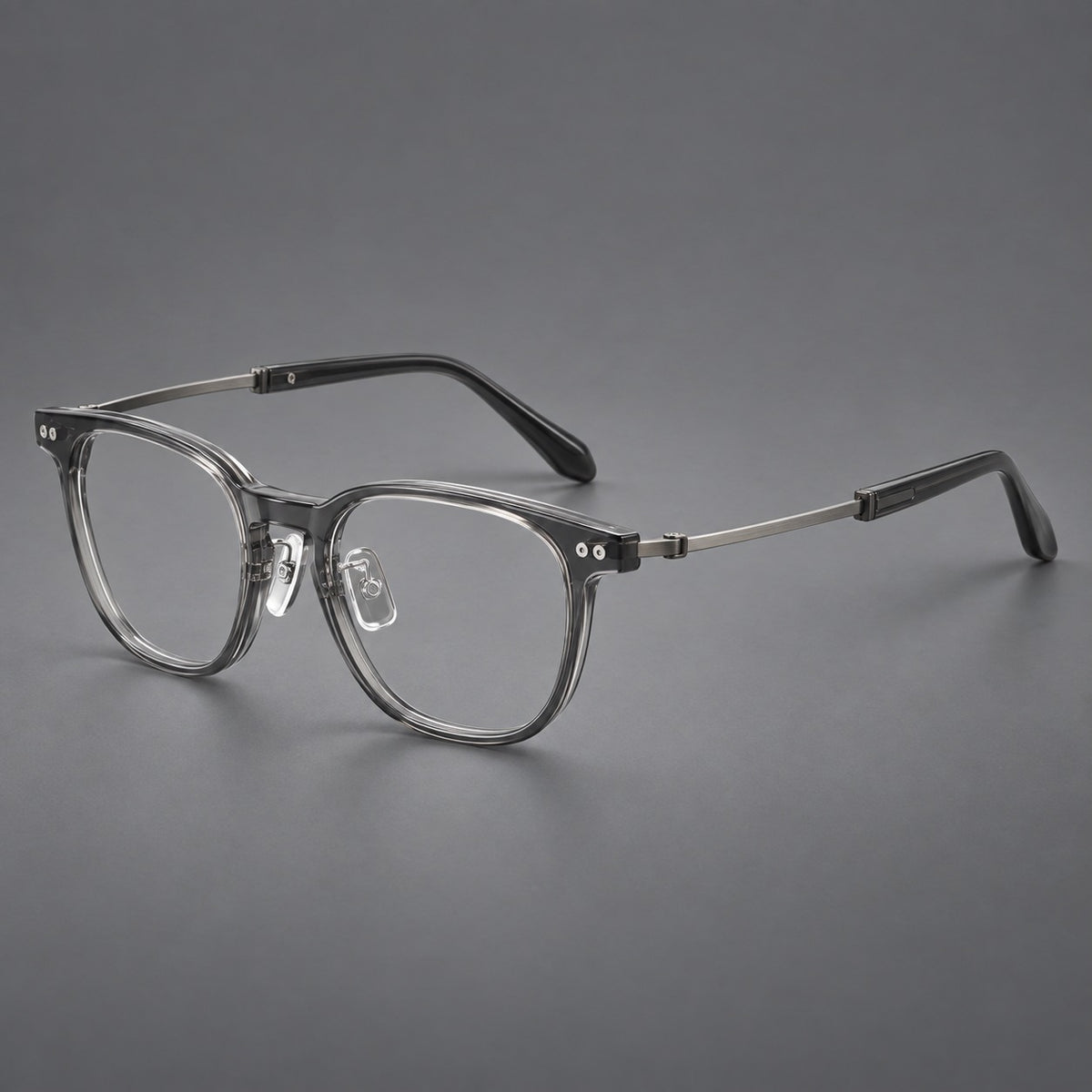 Vintage acetate and titanium eyeglasses with soft square rims and paired metal rivets — Clear Grey / Brushed Grey — Main view [CINILY-JD2026-8015-C3]