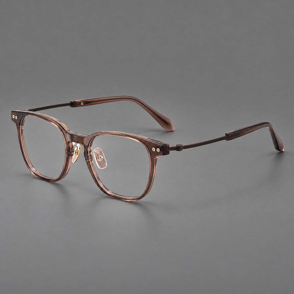 Vintage acetate and titanium eyeglasses with soft square rims and paired metal rivets — Clear Brown / Antique Bronze — Main view [CINILY-JD2026-8015-C4]