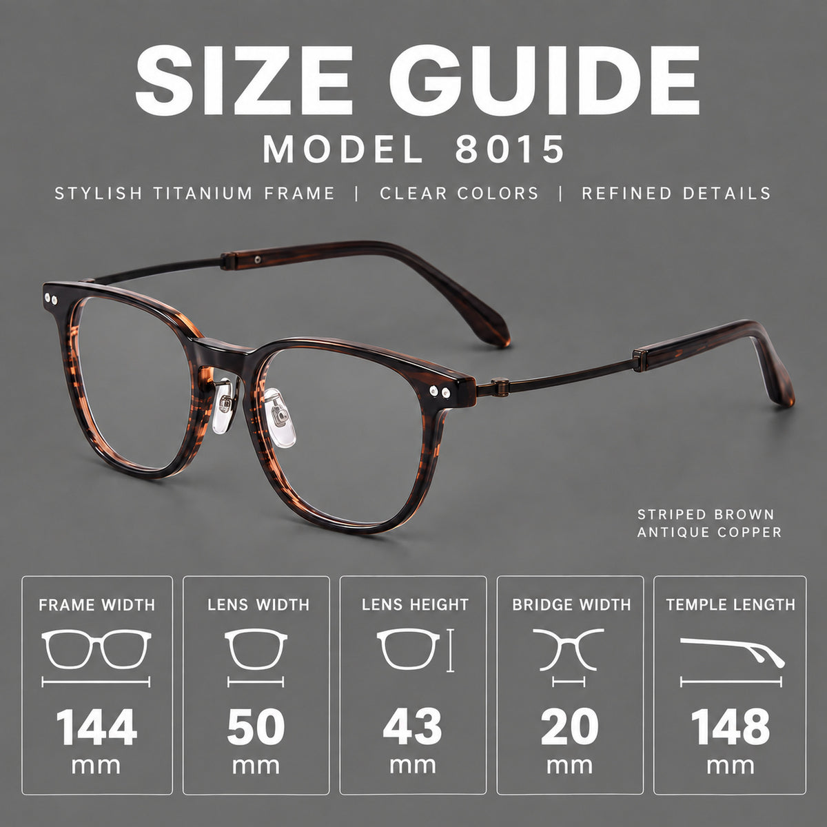 Vintage acetate and titanium eyeglasses with soft square rims and paired metal rivets — 8015 — Size guide [JD2026-8015]
