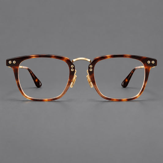 Acetate and titanium eyeglasses with soft square rims and an arched metal bridge — Tortoiseshell / Gold — Front view [CINILY-JD2026-8018-C1]