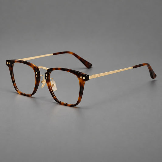 Acetate and titanium eyeglasses with soft square rims and an arched metal bridge — Tortoiseshell / Gold — Main view [CINILY-JD2026-8018-C1]