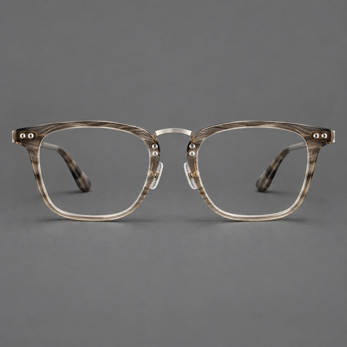Acetate and titanium eyeglasses with soft square rims and an arched metal bridge — Grey Woodgrain / Silver — Front view [CINILY-JD2026-8018-C2]