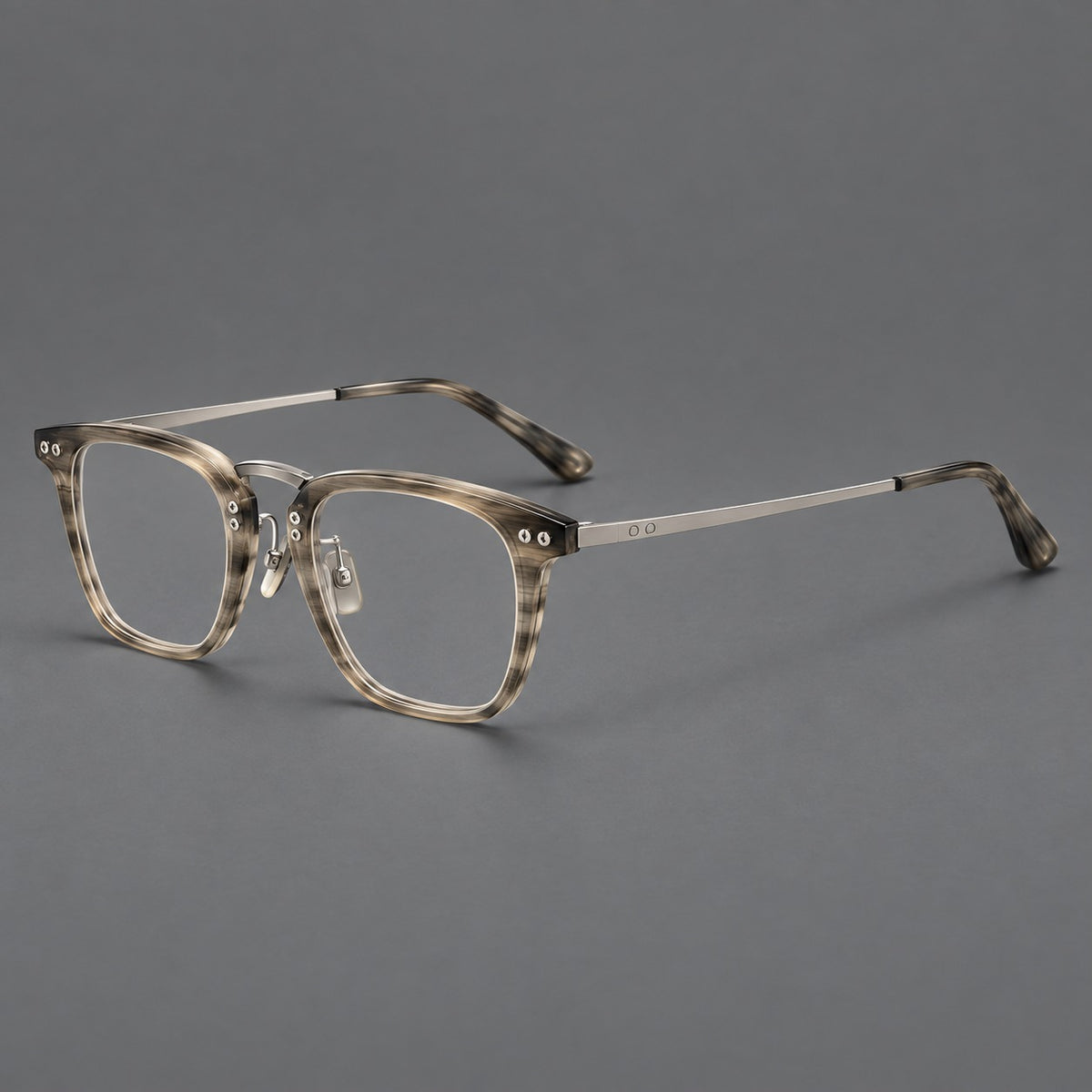 Acetate and titanium eyeglasses with soft square rims and an arched metal bridge — Grey Woodgrain / Silver — Main view [CINILY-JD2026-8018-C2]