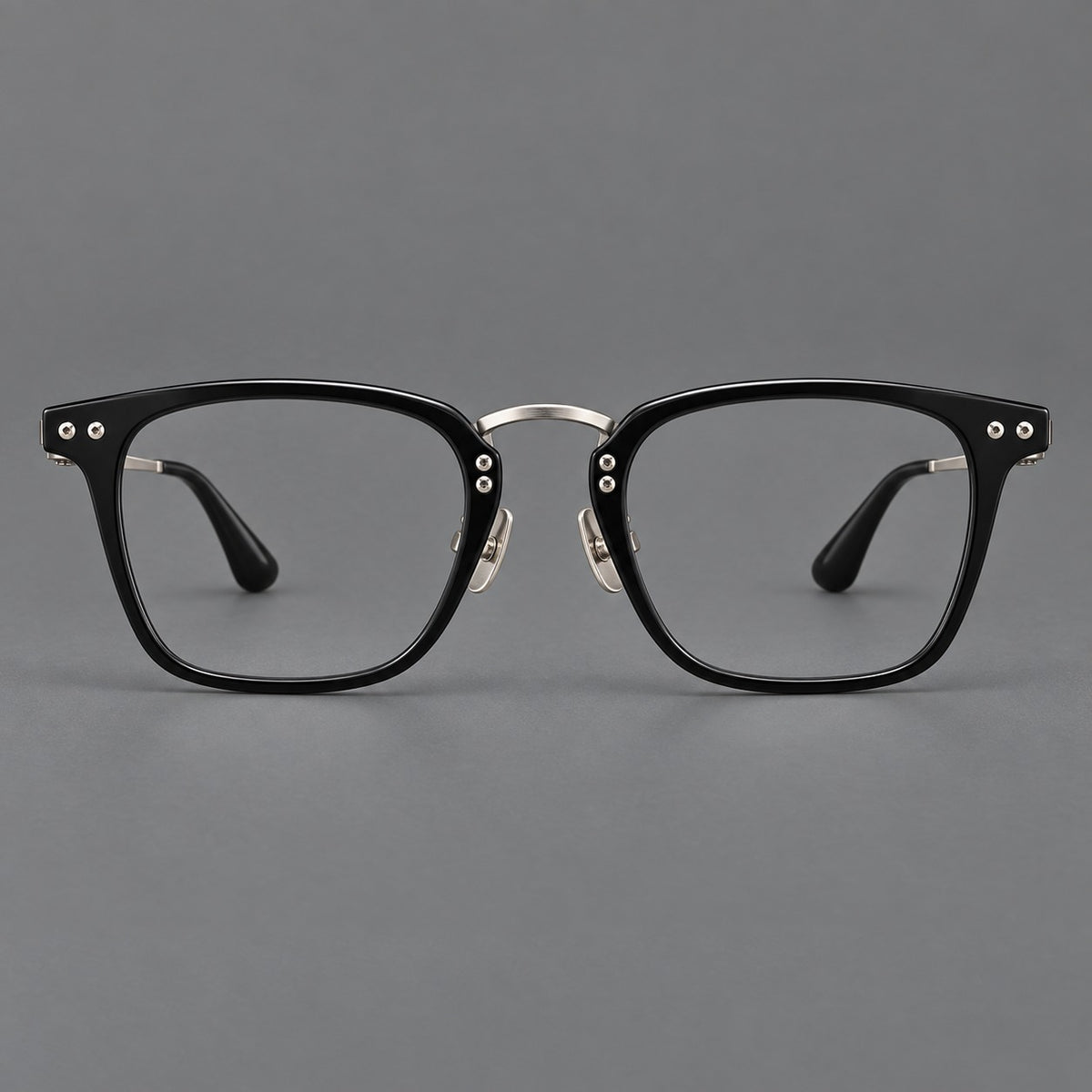 Acetate and titanium eyeglasses with soft square rims and an arched metal bridge — Black / Silver — Front view [CINILY-JD2026-8018-C3]