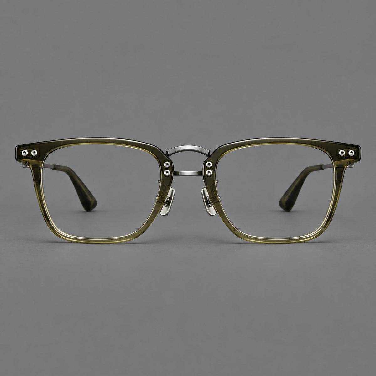 Acetate and titanium eyeglasses with soft square rims and an arched metal bridge — Army Green / Gunmetal — Front view [CINILY-JD2026-8018-C6]