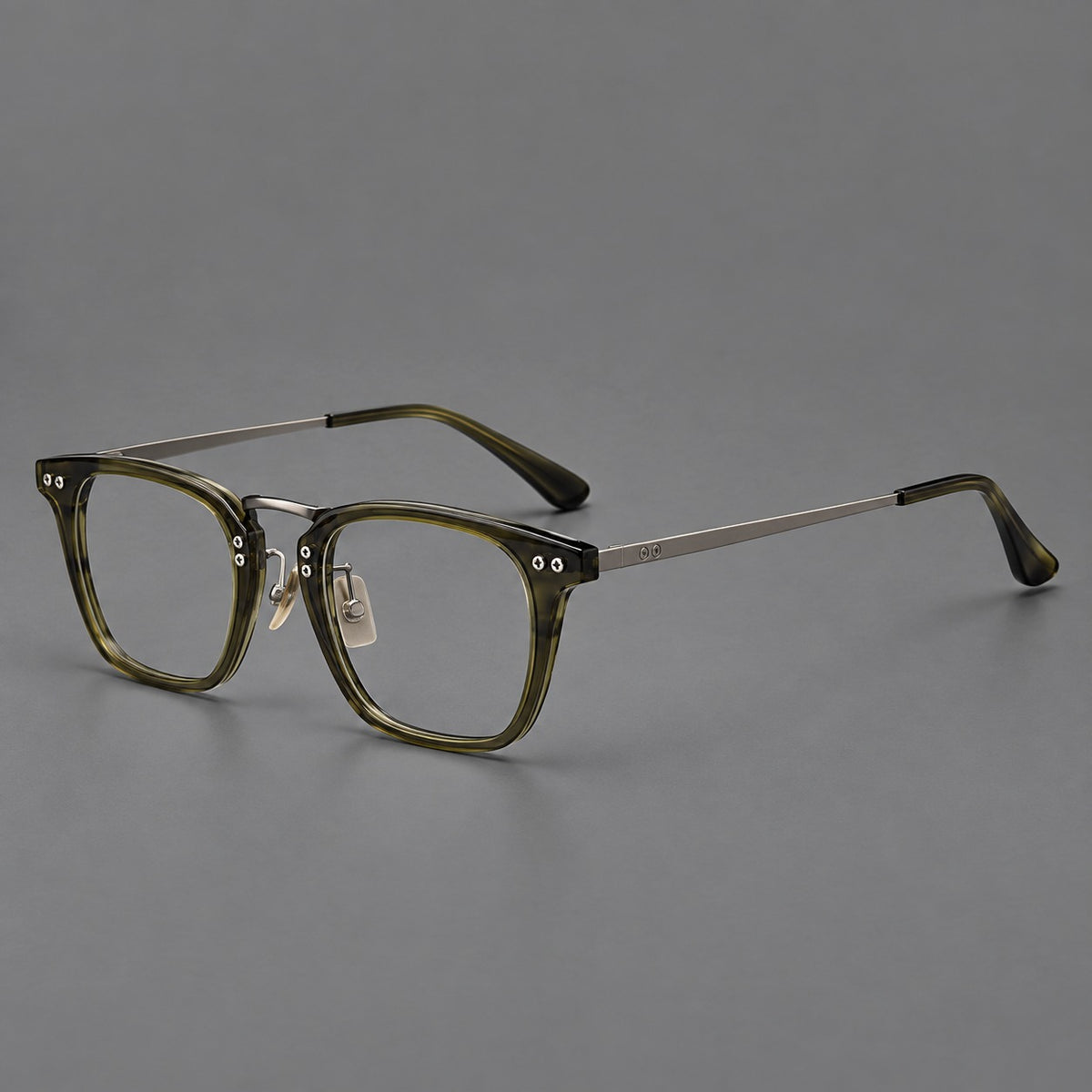 Acetate and titanium eyeglasses with soft square rims and an arched metal bridge — Army Green / Gunmetal — Main view [CINILY-JD2026-8018-C6]