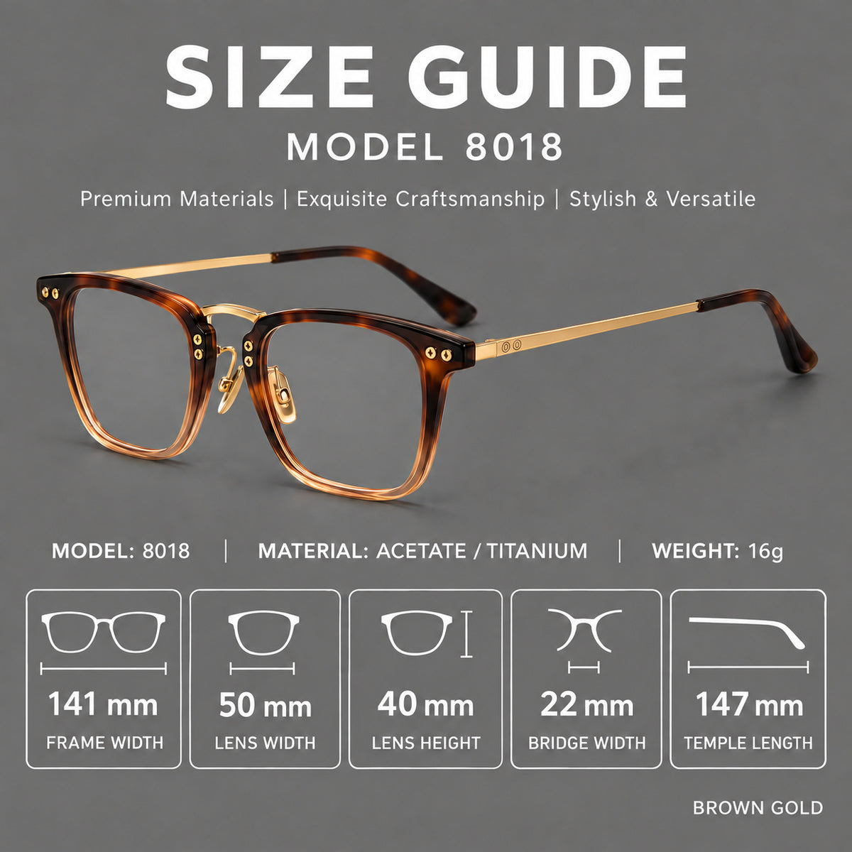 Acetate and titanium eyeglasses with soft square rims and an arched metal bridge — 8018 — Size guide [JD2026-8018]