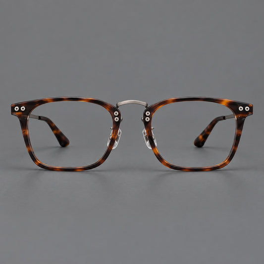 Acetate and titanium eyeglasses with angular rectangular rims and a curved metal bridge — Tortoiseshell / Gunmetal — Front view [CINILY-JD2026-8019-C1]