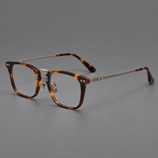 Acetate and titanium eyeglasses with angular rectangular rims and a curved metal bridge — Tortoiseshell / Gunmetal — Main view [CINILY-JD2026-8019-C1]