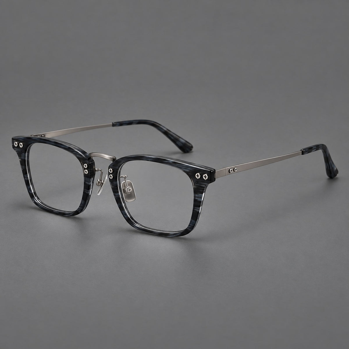 Acetate and titanium eyeglasses with angular rectangular rims and a curved metal bridge — Grey Blue Woodgrain / Gunmetal — Main view [CINILY-JD2026-8019-C2]