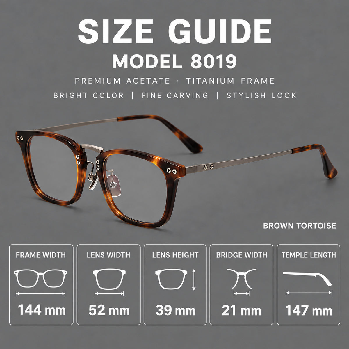 Acetate and titanium eyeglasses with angular rectangular rims and a curved metal bridge — 8019 — Size guide [JD2026-8019]