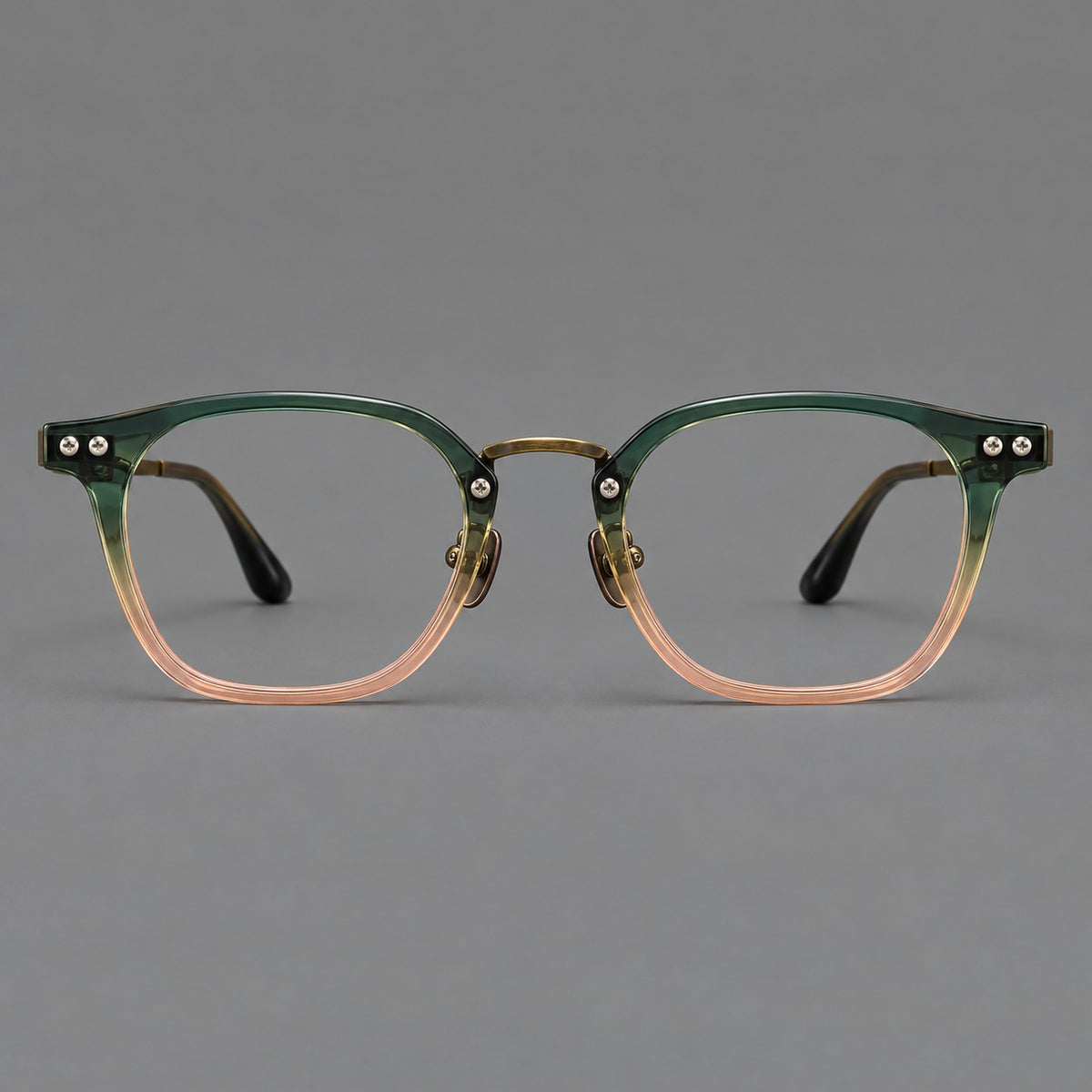 Retro acetate and titanium eyeglasses with softly rounded rims and a metal bridge — Green Pink Gradient / Antique Bronze — Front view [CINILY-JD2026-8020-C2]